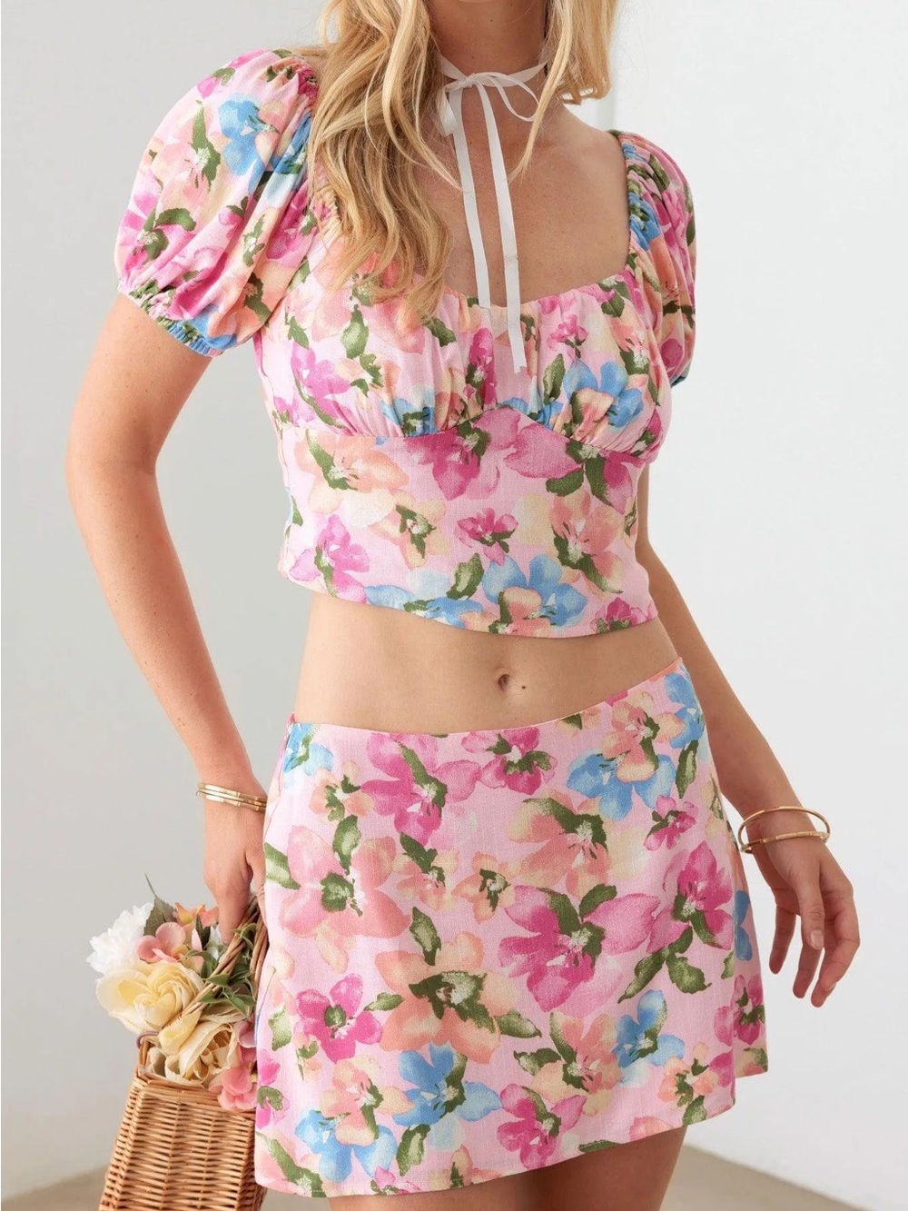 Le Lis Punk Floral Puff Sleeve Crop Top and Mini Skirt Two-Piece Set NWT